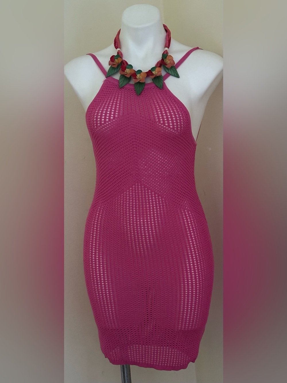 Express Fuchsia Crochet Fishnet Halter Top Swim Coverup Tie In Back Sz S